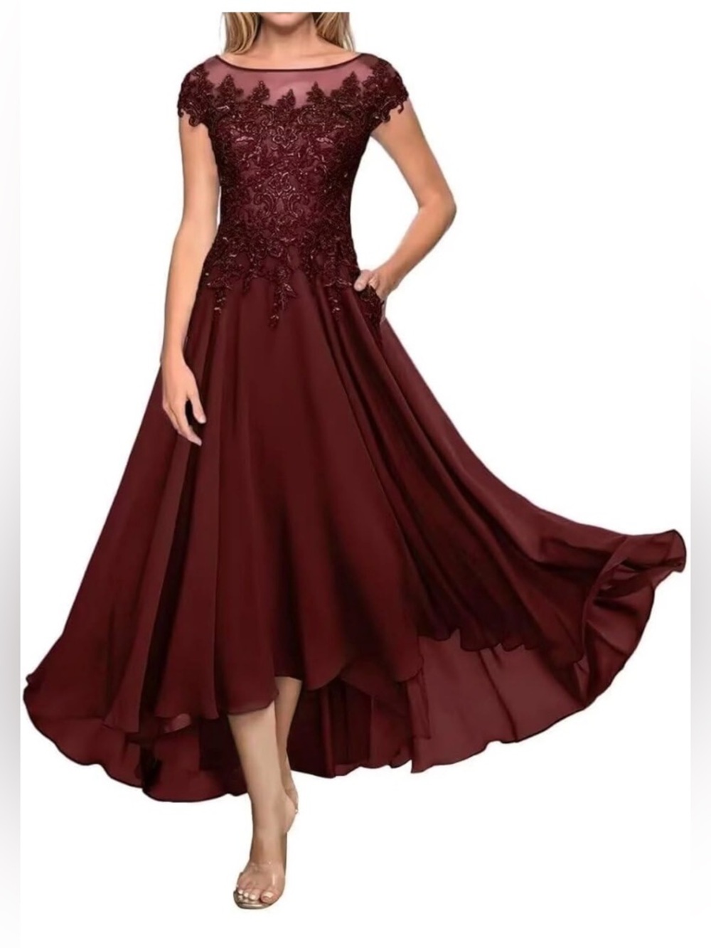 Elegant Burgundy Lace Appliqué High-Low Evening Dress Sz 18W